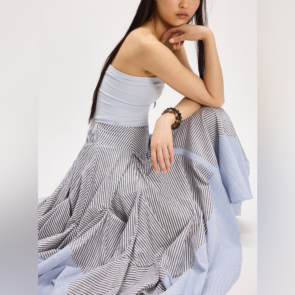 Free People Tied And True Striped Asymmetrical Gathered Bustle Cotton Maxi Skirt - Picture 6 of 7